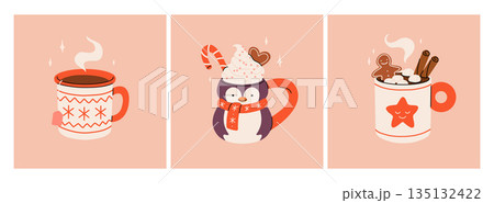 Christmas hot drink collection. Flat cartoon beverages. Holiday cute mugs with hot cocoa, coffee, and mulled wine. New year drinks decorated with sweets and candy. Isolated vector illustration Christmas hot drink collection. Flat cartoon beverages. Holiday cute mugs with hot cocoa, coffee, and mulled wine. New year drinks decorated with sweets and candy. Isolated vector illustration 135132422