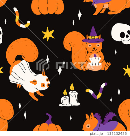 Cute squirrel in halloween costumes. Cartoon squirrel for autumn season, ghost, vampire and witch hat, skull, star and candles. Flat vector seamless pattern. Cute squirrel in halloween costumes. Cartoon squirrel for autumn season, ghost, vampire and witch hat, skull, star and candles. Flat vector seamless pattern. 135132426