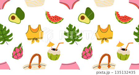 Seamless pattern with summer Icons for tropical vacation. Flat vector seasonal collection with ice cream, pineapple, tropic leaves, plumeria, watermelon, surfboard, beach accessories, swimsuit Seamless pattern with summer Icons for tropical vacation. Flat vector seasonal collection with ice cream, pineapple, tropic leaves, plumeria, watermelon, surfboard, beach accessories, swimsuit 135132435