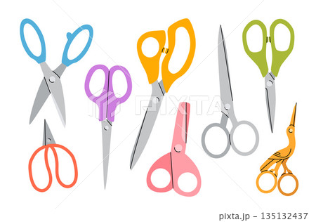 Set of open and closed scissors. Equipment for sewing, cutting, grooming, creativity. Colorful scissors of various sizes and shapes. Vector stock illustration on isolated white background. 135132437