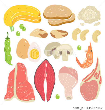 Selenium vector stock illustration. Food products with a high content of the mineral. tuna fish, meat, mushrooms, shrimps, brazil nuts, cashew, oats, bread, beans. Information poster. Food, diet. 135132467