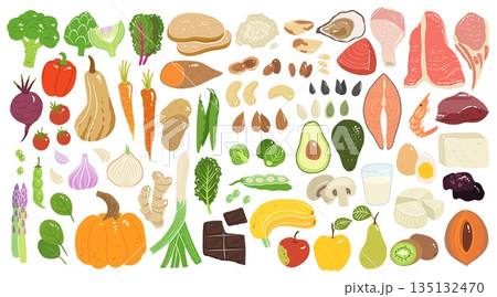 Collection of hand drawn food illustrations isolated on white background. Bundle of fresh delicious vegetables, fruits, dairy, fish and meat. wholesome healthy food. Collection of hand drawn food illustrations isolated on white background. Bundle of fresh delicious vegetables, fruits, dairy, fish and meat. wholesome healthy food. 135132470