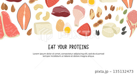 Eat your protein vector banner. Set of fish and meat, nuts and seedsn. Beef, pork, chicken meat, salmon, tuna, liver, tofu, almond, eggs, pumpkin and sunflower seeds. Sources of protein Eat your protein vector banner. Set of fish and meat, nuts and seedsn. Beef, pork, chicken meat, salmon, tuna, liver, tofu, almond, eggs, pumpkin and sunflower seeds. Sources of protein 135132473