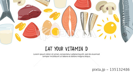 Collection of vitamin D sources. Food enriched with cholecalciferol. Dairy products, fish, mushrooms and eggs. Dietetic organic nutrition. Flat vector cartoon illustration isolated on white Collection of vitamin D sources. Food enriched with cholecalciferol. Dairy products, fish, mushrooms and eggs. Dietetic organic nutrition. Flat vector cartoon illustration isolated on white 135132486