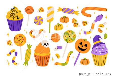 Cute Halloween sweets, cupcakes and candy corns lollipops and desserts. Halloween trick or treat candies and cakes with pumpkin jelly beans and jelly worms and snakes. Flat cartoon illustration. 135132525