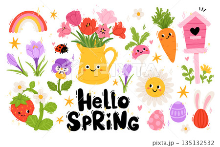 Cute hello spring and easter collection. Flat vector cartoon sticker set with kawaii characters, strawberry, chamomile, radish and carrot, nest box, eggs with bunny ears and flowers. 135132532