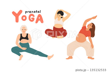 Pregnant women doing prenatal yoga exercises set. Mothers with bellies at fitness workout during pregnancy. Stretching gymnastics for moms. Flat vector illustration isolated on white background Pregnant women doing prenatal yoga exercises set. Mothers with bellies at fitness workout during pregnancy. Stretching gymnastics for moms. Flat vector illustration isolated on white background 135132533