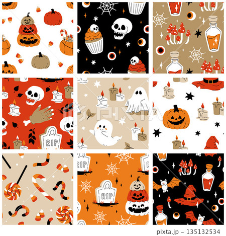 Red beige and black seamless prints with Halloween decorative elements - ghost, pumpkin, sculls. Cute vector characters, decor objects - sweets, pumpkin, witch, ghost, bat. Pattern design 135132534