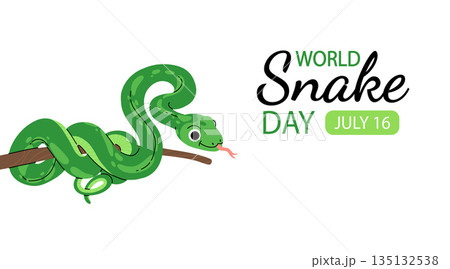 Minimalistic cute banner for World Snake Day at 16th of July with cartoon green snake, typography. Holiday concept for website, poster, background, card to raise awareness about importance of snakes. Minimalistic cute banner for World Snake Day at 16th of July with cartoon green snake, typography. Holiday concept for website, poster, background, card to raise awareness about importance of snakes. 135132538