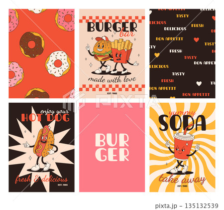 Set of fast food posters. Retro groovy cards with street food characters. Brochure with funky groovy burger, french fries, soda, ice cream, donut, pie, coffee to go, sandwich. Fast food delivery Set of fast food posters. Retro groovy cards with street food characters. Brochure with funky groovy burger, french fries, soda, ice cream, donut, pie, coffee to go, sandwich. Fast food delivery 135132539