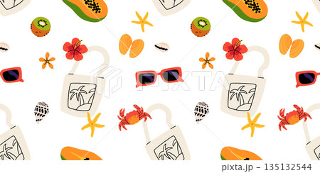 Seamless pattern with summer Icons for tropical vacation. Flat vector seasonal collection with ice cream, pineapple, tropic leaves, plumeria, watermelon, surfboard, beach accessories, swimsuit Seamless pattern with summer Icons for tropical vacation. Flat vector seasonal collection with ice cream, pineapple, tropic leaves, plumeria, watermelon, surfboard, beach accessories, swimsuit 135132544