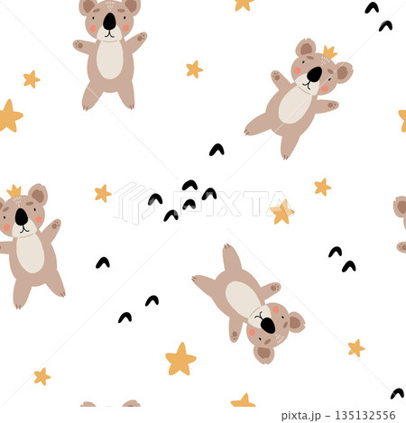 Cute bear seamless pattern. koala with crown and stars. Kawaii cartoon character. Baby greeting card template. Notebook cover, tshirt. Cute bear seamless pattern. koala with crown and stars. Kawaii cartoon character. Baby greeting card template. Notebook cover, tshirt. 135132556