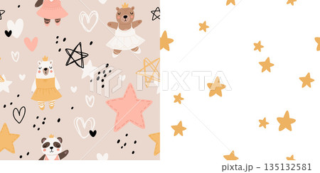 Seamless pattern with cute funny little ballerina bears, polar, grizzly, panda, sloth, koala. Vector kids illustration. Scandinavian style flat design. Cartoon children concept. 135132581