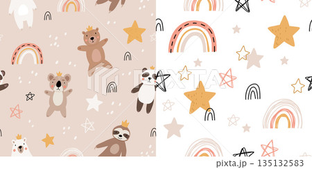 Cute kids bear seamless pattern. Cartoon bears characters like panda, koala, grizzly, polar, sloth. Scandinavian flat style, baby design for cards, posters, t-shirt print. 135132583