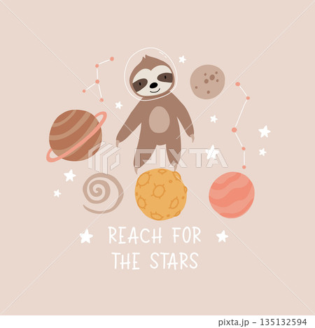 Space adventure sloth. Cartoon bear, hand drawing lettering, decor elements. Pastel vector illustration for kids. Scandinavian flat style. baby design for cards, posters, t-shirt print. Space adventure sloth. Cartoon bear, hand drawing lettering, decor elements. Pastel vector illustration for kids. Scandinavian flat style. baby design for cards, posters, t-shirt print. 135132594
