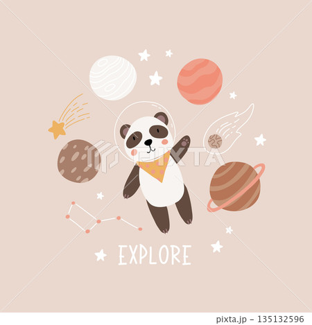 Space adventure panda. Cartoon bear, hand drawing lettering, decor elements. Pastel vector illustration for kids. Scandinavian flat style. baby design for cards, posters, t-shirt print. Space adventure panda. Cartoon bear, hand drawing lettering, decor elements. Pastel vector illustration for kids. Scandinavian flat style. baby design for cards, posters, t-shirt print. 135132596