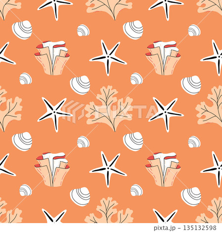 Beautiful coral reefs. Natural seamless pattern with undersea flora and fauna, sea or ocean life. Undersea backdrop with coral, algae, starfish, shells. Flat vector illustration 135132598