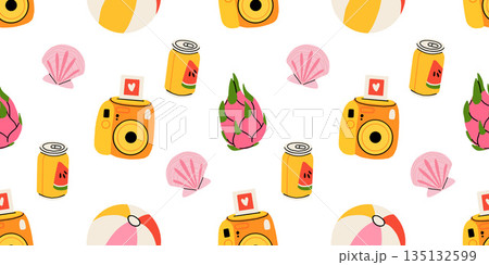 Seamless pattern with summer Icons for tropical vacation. Flat vector seasonal collection with ice cream, pineapple, tropic leaves, plumeria, watermelon, surfboard, beach accessories, swimsuit Seamless pattern with summer Icons for tropical vacation. Flat vector seasonal collection with ice cream, pineapple, tropic leaves, plumeria, watermelon, surfboard, beach accessories, swimsuit 135132599