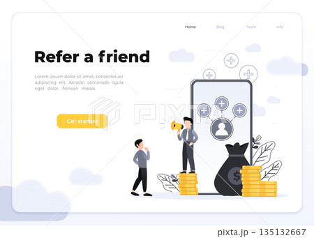 Refer A Friend Concept Design, People share info about referral and earn money. Suitable for web landing page, ui, mobile app, banner template. Vector Illustration. Glassmorphism landing page concept. Refer A Friend Concept Design, People share info about referral and earn money. Suitable for web landing page, ui, mobile app, banner template. Vector Illustration. Glassmorphism landing page concept. 135132667