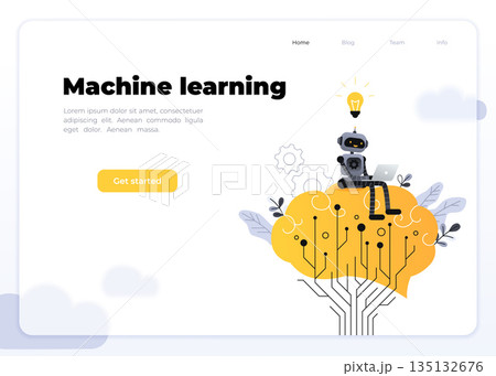Machine learning vector website template, landing page design for website and mobile site development. Artificial intelligence, robotics, cyber mind technology concept with robot character Machine learning vector website template, landing page design for website and mobile site development. Artificial intelligence, robotics, cyber mind technology concept with robot character 135132676
