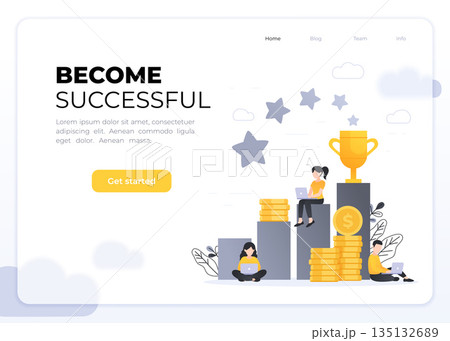Business achievement flat vector illustration. Small people working on laptops around columns with pile of coins, golden cup and stars. Businessmen rich their goals landing page template 135132689