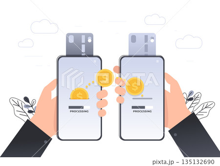 Cool grey and yellow vector contactless direct person to person payment using smart phone application and bank account credit card data. Landing page phones as electronic wallet 135132690
