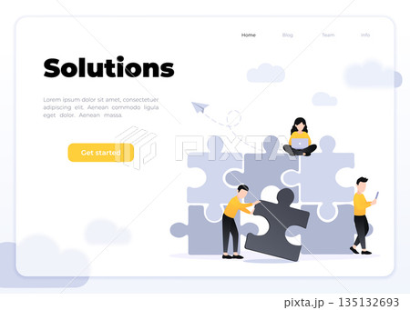 Finding solution, problem solving. Teamwork and partnership. Working team collaboration, enterprise cooperation, colleagues mutual assistance concept. Website homepage header landing web page template Finding solution, problem solving. Teamwork and partnership. Working team collaboration, enterprise cooperation, colleagues mutual assistance concept. Website homepage header landing web page template 135132693