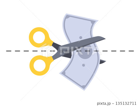 scissors cutting dollar. Vector flat illustration of rate cut. Financial concept of cost reduction. Landing page template. 135132711