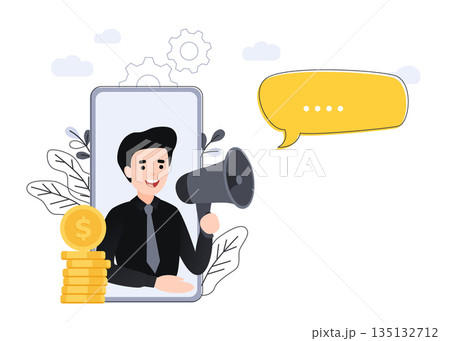 Refer a friend vector illustration concept, businessman shout on megaphone with refer a friend words, can be used for landing pages, template, ui, web, mobile app, poster banner or flyer. 135132712