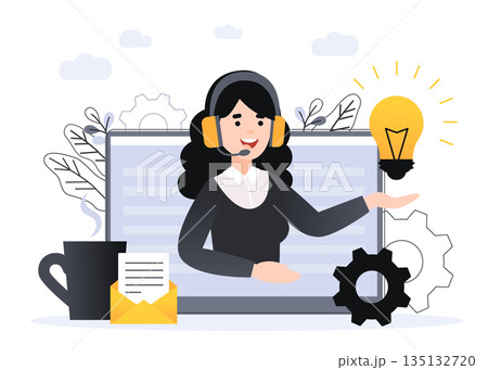 Concept customer and operator, online technical support 24-7 for web page. Vector illustration female hotline operator advises client. Online assistant, virtual help service 135132720