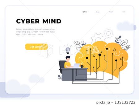 Brain with digital circuit and programmer with laptop. Machine learning, artificial intelligence, digital brain and artificial thinking process concept, living coral palette. Vector illustration. 135132722