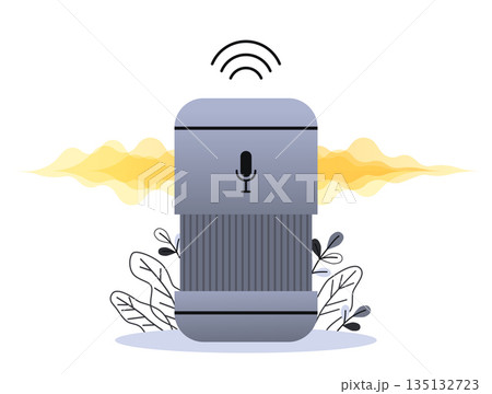 Voice controlled smart speaker or voice assistant. Voice activated digital assistants, home automation hub, internet of things concept, violet palette. Vector concept illustration. 135132723