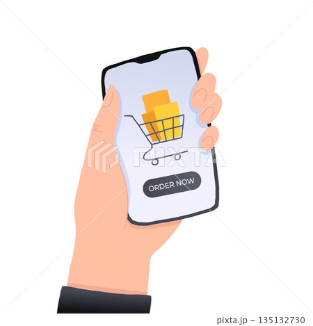 Hands holding smartphone with order now button on the screen. E-commerce flat design concept. Using mobile smart phone for online purchasing. Order from home. 135132730
