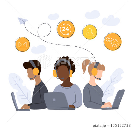 Customer service, hotline operators consult customers with headsets on computers, 247 global online technical support, Call center, call processing system, Vector illustration 135132738