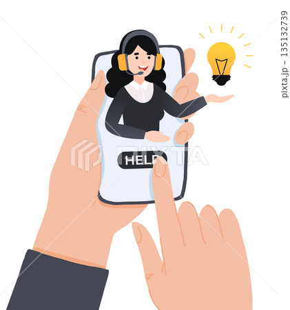 Concept customer and operator, online technical support 24-7 for web page. Vector illustration female hotline operator advises client. Online assistant, virtual help service. Concept customer and operator, online technical support 24-7 for web page. Vector illustration female hotline operator advises client. Online assistant, virtual help service. 135132739