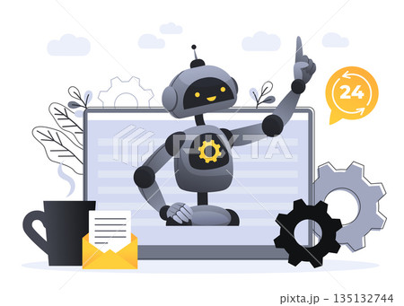 Illustrations Concept customer and operator, online technical support 24-7 for web page. artificial intelligence AI. Technology working with smart brain computer and machine connecting device. Illustrations Concept customer and operator, online technical support 24-7 for web page. artificial intelligence AI. Technology working with smart brain computer and machine connecting device. 135132744