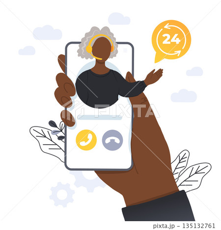 Customer support. Personal assistant service. Social media network services, online supporter agents. Isolated flat vector illustration with old black woman. Work for elderly people. 135132761