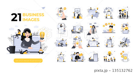 Business Concept illustrations. Mega set. Collection of scenes with men and women taking part in business activities. Vector illustration 135132762