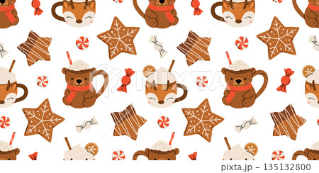 Seamless Christmas pattern with cacao drink, ginger cookie, present and lollipop. Vector illustration for textile, postcard, wrapping paper, poster, background, book, t-shirt. Seamless Christmas pattern with cacao drink, ginger cookie, present and lollipop. Vector illustration for textile, postcard, wrapping paper, poster, background, book, t-shirt. 135132800