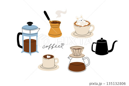 Set of coffee accessories and brewing methods. Coffee makers. French press, filter, turkish coffee, chemex, moka pot. Cafe equipment for morning energy hot drinks, Flat cartoon vector set. 135132806