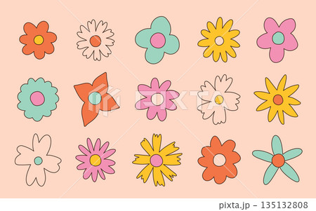 Floral set in the style of the 70s with groovy daisy flowers. Retro floral naive vector design. Style of the 60s, 70s, 80s 135132808