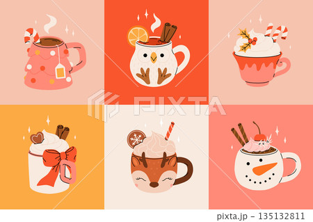 Christmas hot drink collection. Flat cartoon beverages. Holiday cute mugs with hot cocoa, coffee, and mulled wine. New year drinks decorated with sweets and candy. Isolated vector illustration 135132811