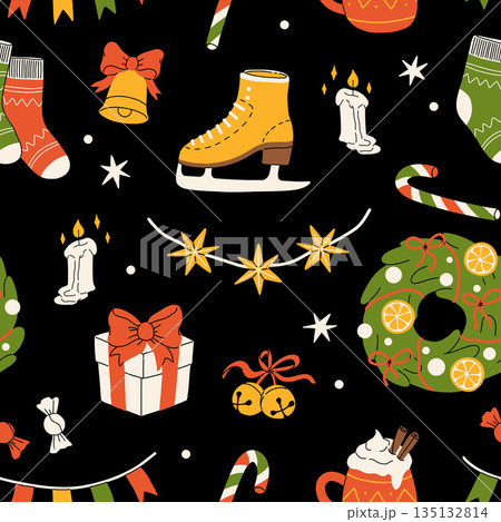 Hygge Winter elements seamless pattern. Cute and cozy cartoon vector collection. Illustration of christmas present, festive garland, warm knitted sweater, envelope, star and skates. 135132814