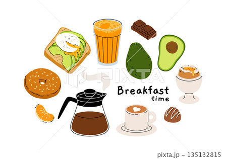Hand drawn breakfast vector set. Various tasty food and drinks, coffee, orange juice, avocado, soft boiled egg, chocolate candy, bagel and avocado toast Hand drawn breakfast vector set. Various tasty food and drinks, coffee, orange juice, avocado, soft boiled egg, chocolate candy, bagel and avocado toast 135132815