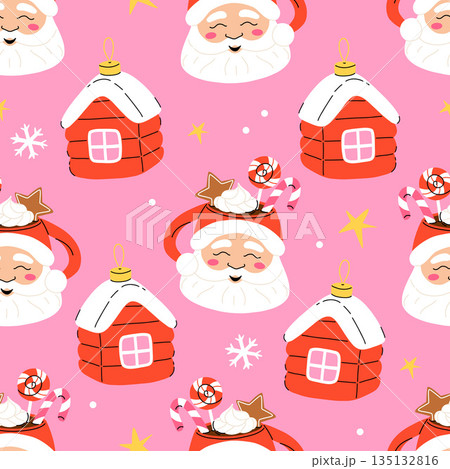 Seamless vector pattern with hand drawn santa mug of hot cocoa and Christmas tree toy house. Flat cartoon winter background Perfect for textile, wallpaper or print design. Seamless vector pattern with hand drawn santa mug of hot cocoa and Christmas tree toy house. Flat cartoon winter background Perfect for textile, wallpaper or print design. 135132816