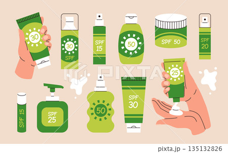 Sun safety collection. Heands with cream, tubes and bottles of sunscreen products with SPF: lotion, lipstick, spray. Hand drawn summer cosmetic. Sunblock, skin protection, skin care products. Vector 135132826