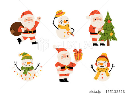 Set of Christmas illustrations on white background. Santa Claus with Christmas tree, snowman and gifts. Suitable for design of cards, banners, stickers, etc Set of Christmas illustrations on white background. Santa Claus with Christmas tree, snowman and gifts. Suitable for design of cards, banners, stickers, etc 135132828