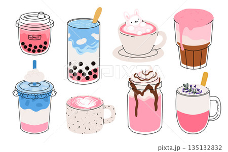 Collection of drinks for Valentine's Day. Mug with coffee, cocoa, hot chocolate, cream, bubble tea, strawberry milk with hearts, cherry cocktail, latte, love potion. Hot and cold beverages 135132832