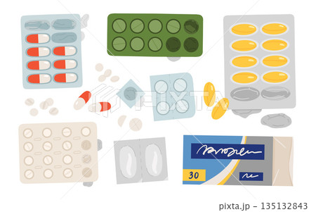 Pharmacy concept set. Collection of pills, supplements, capsules and other drugs and medications in blisters. Cartoon flat vector illustration Pharmacy concept set. Collection of pills, supplements, capsules and other drugs and medications in blisters. Cartoon flat vector illustration 135132843