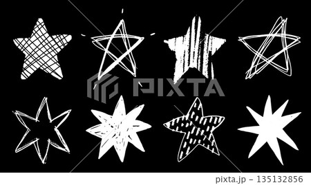 Set of white doodle style stars drawn by hand. Grunge scrawls, chalk scribbles, rough brush strokes, underlines. Bold charcoal freehand stars. Crayon or marker scribbles Set of white doodle style stars drawn by hand. Grunge scrawls, chalk scribbles, rough brush strokes, underlines. Bold charcoal freehand stars. Crayon or marker scribbles 135132856